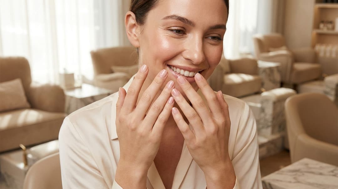 Woman admiring her short, glossy sheer-pink BIAB nails.