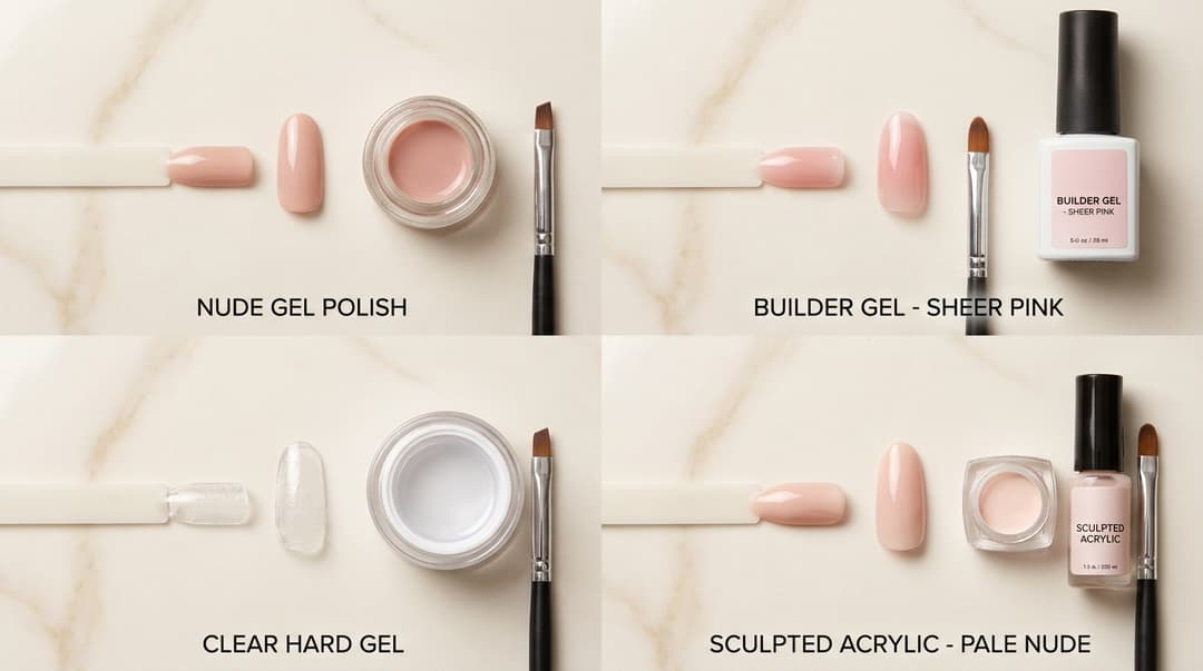 Comparison of gel polish, bottled builder gel, hard gel, and acrylic nail products.