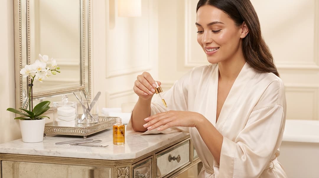 Woman applying cuticle oil to maintained nude BIAB nails at a vanity.