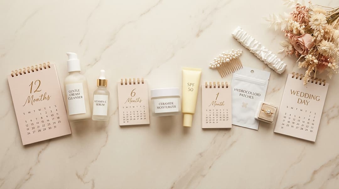 Bridal skincare products arranged as a timeline leading up to the wedding day.