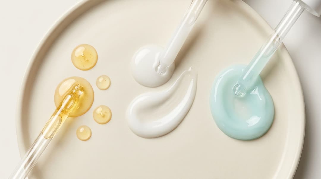 Close-up of vitamin C serum, niacinamide serum, and gel moisturizer textures.
