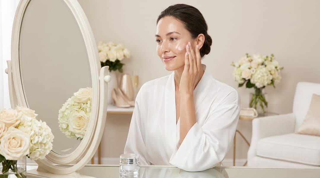 Radiant bride applying moisturizer at a vanity during wedding week.