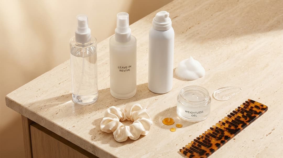 Fine-mist bottle, leave-in spray, styling foam, gel, and hair oil arranged on a vanity