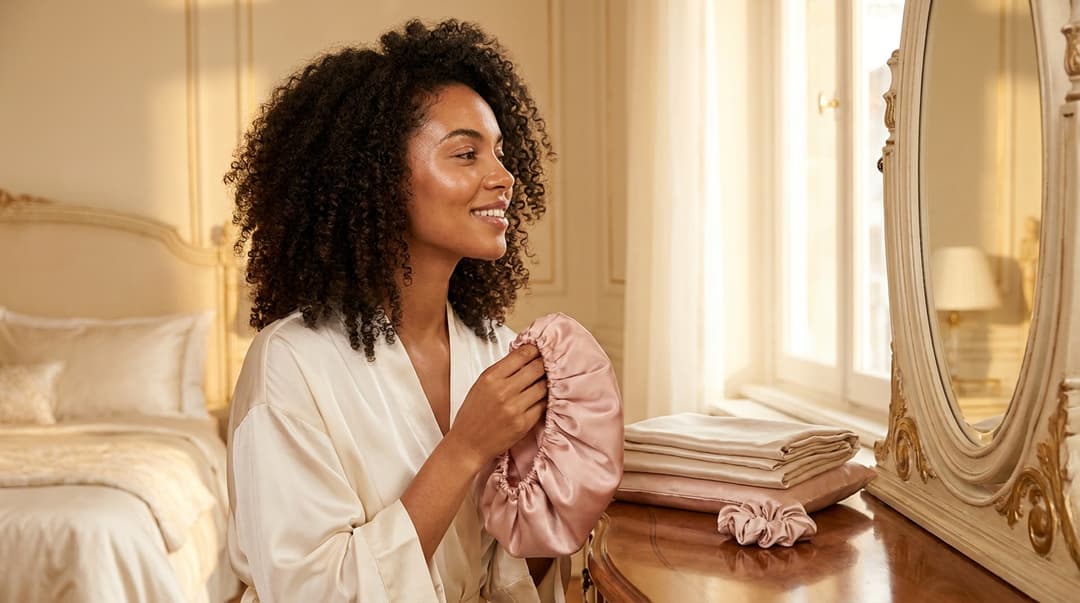 Woman admiring refreshed curls beside a satin bonnet and silk pillowcase