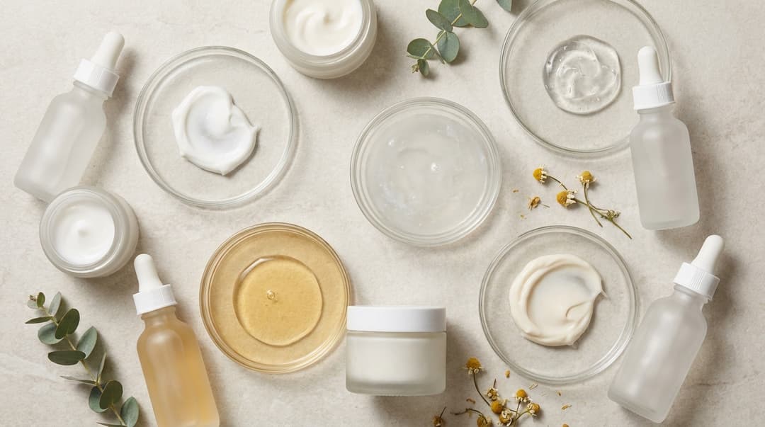 Textures and containers representing azelaic acid, niacinamide, vitamin C, hyaluronic acid, and ceramides.