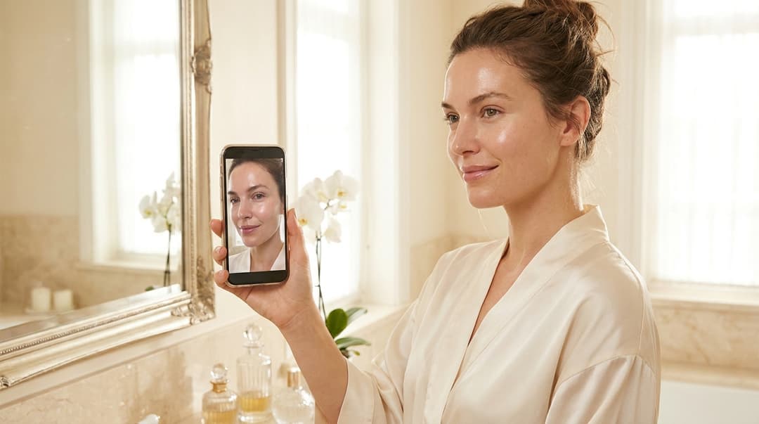 Bride-to-be photographing her glowing skin in a bathroom mirror.