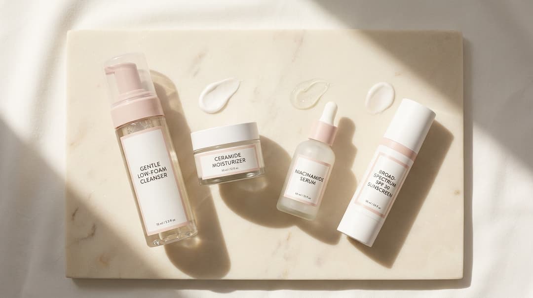 Gentle cleanser, serum, moisturizer, and sunscreen arranged in a skincare flatlay.