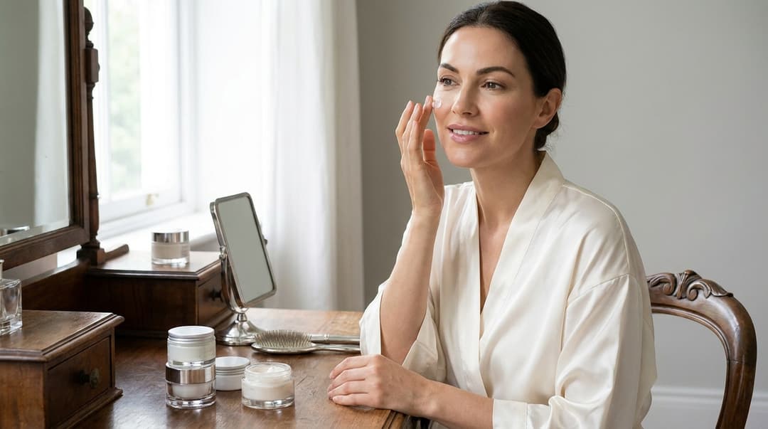 Bride-to-be applying moisturizer at her vanity one month before the wedding.