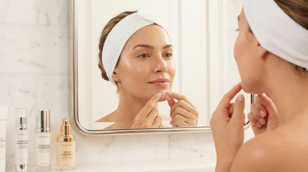 Woman applying a hydrocolloid patch during her final week of bridal skincare.