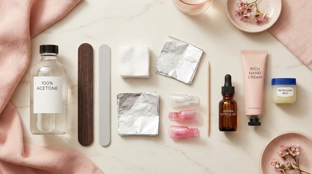 Supplies needed to remove dip powder nails at home.