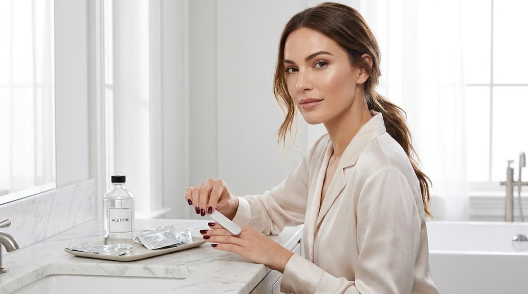 Woman gently filing the topcoat of her dip powder manicure.