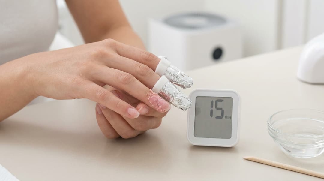 Foil-wrapped nails soaking in acetone with a 15-minute timer.
