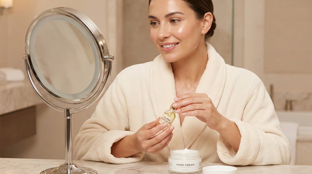 Woman moisturizing her natural nails with cuticle oil after dip removal.