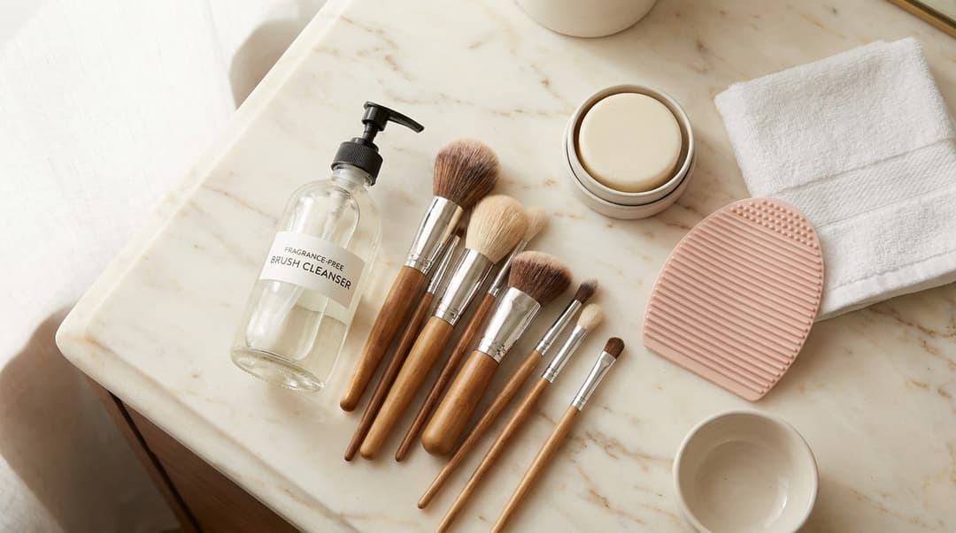 Makeup brushes, gentle cleansers, silicone cleaning mat, bowl, and towel arranged on a marble vanity.