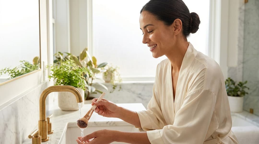 Woman washing makeup-brush bristles under a faucet while keeping the ferrule dry.