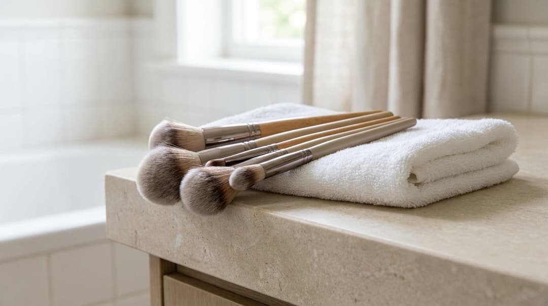 Clean makeup brushes drying flat with their bristles hanging over the edge of a counter.