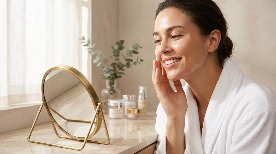 Woman with glowing skin admiring her complexion in a bathroom mirror.