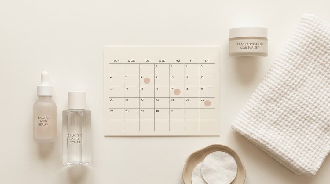 Weekly calendar beside exfoliating serums, toner, and moisturizer.