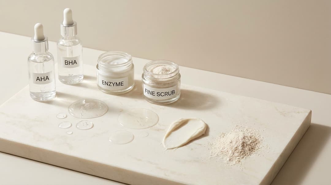 Chemical exfoliant liquids, enzyme mask, and fine facial scrub displayed together.