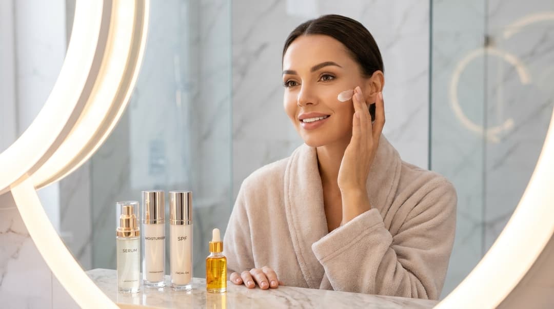 Woman gently applying moisturizer after exfoliating her face.
