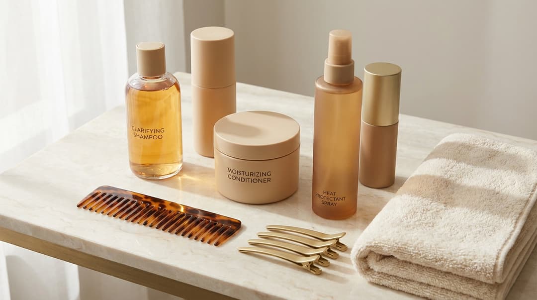 Shampoo, conditioner, heat protectant, comb, clips, and towel for silk press preparation.