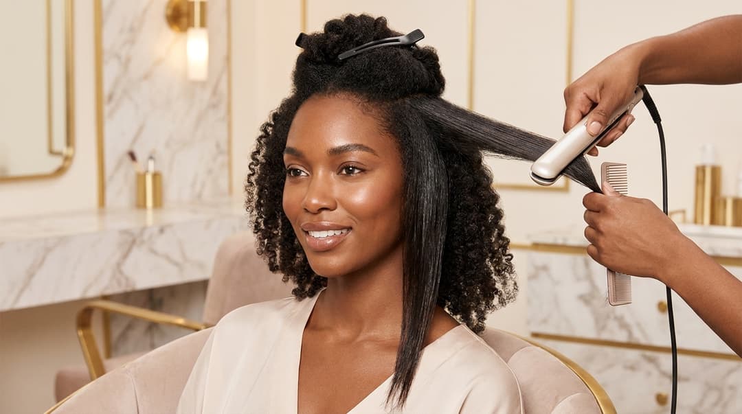 Stylist flat-ironing a thin, dry section of natural hair during a silk press.