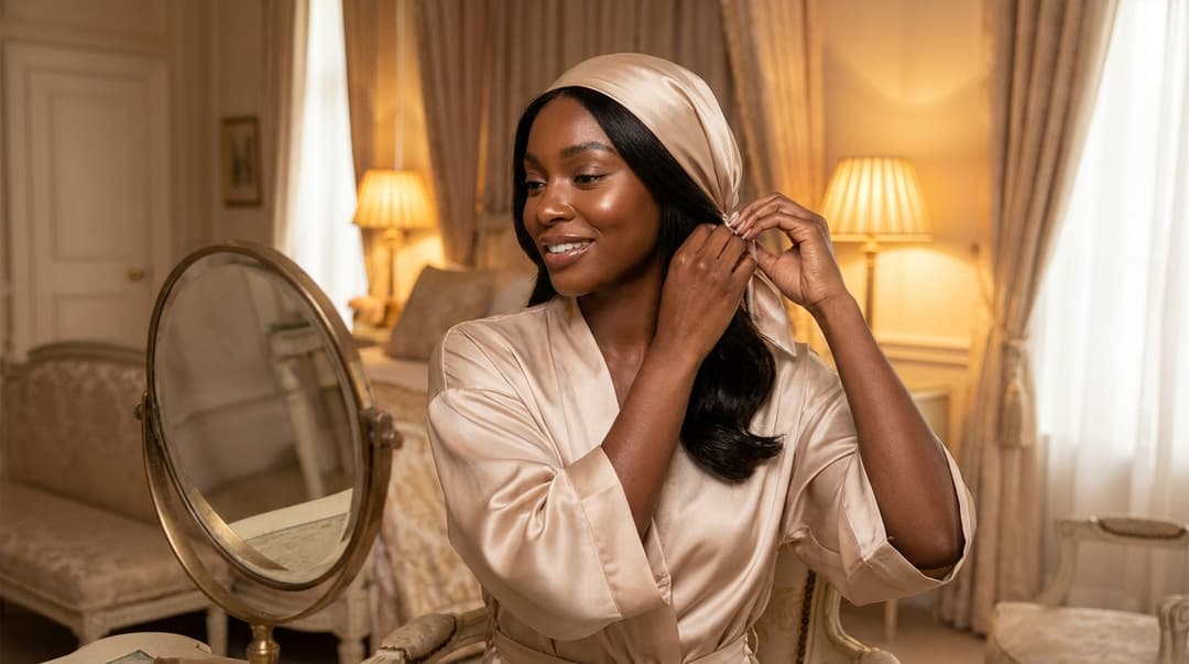 Woman wrapping silk-pressed hair with a satin scarf for nighttime maintenance.