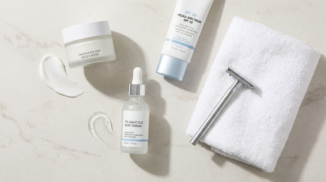 Post-shave moisturizer, salicylic acid serum, and sunscreen