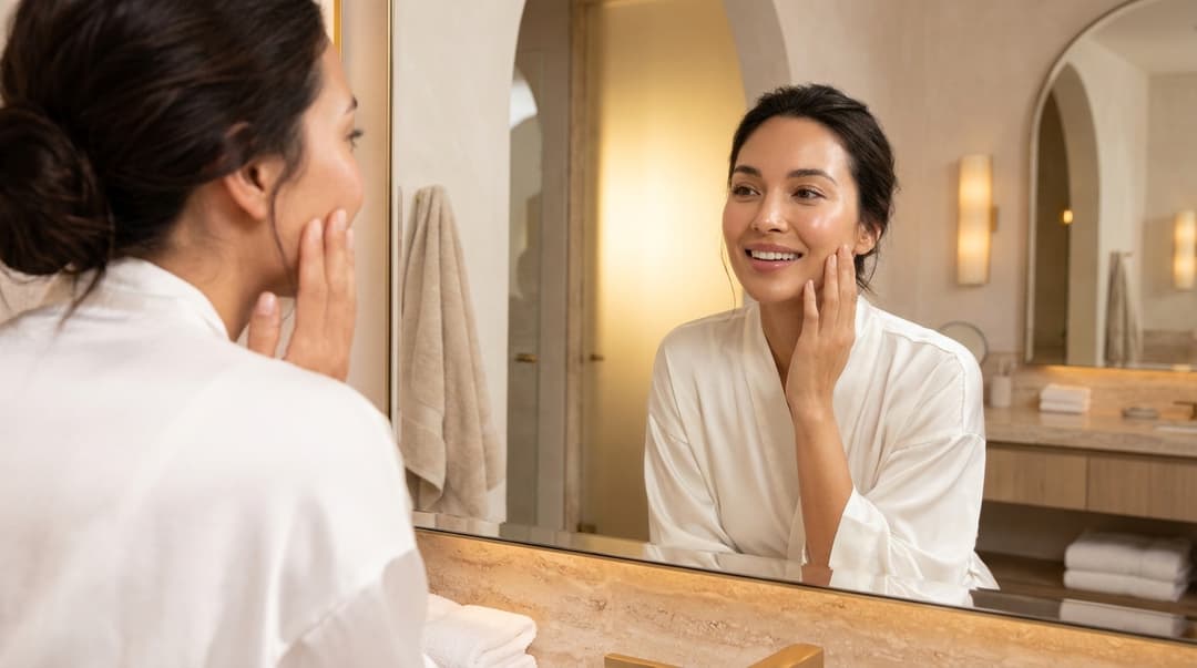 Woman admiring smooth, calm skin in a bathroom mirror