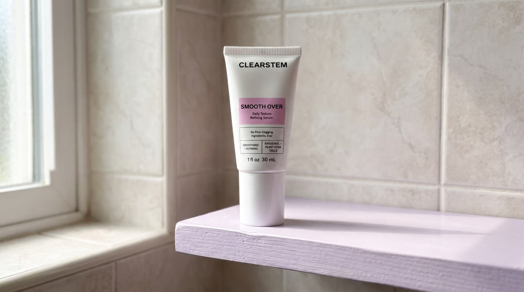 CLEARSTEM SMOOTH OVER, 30 mL. AI editorial illustration based on the official product photograph.