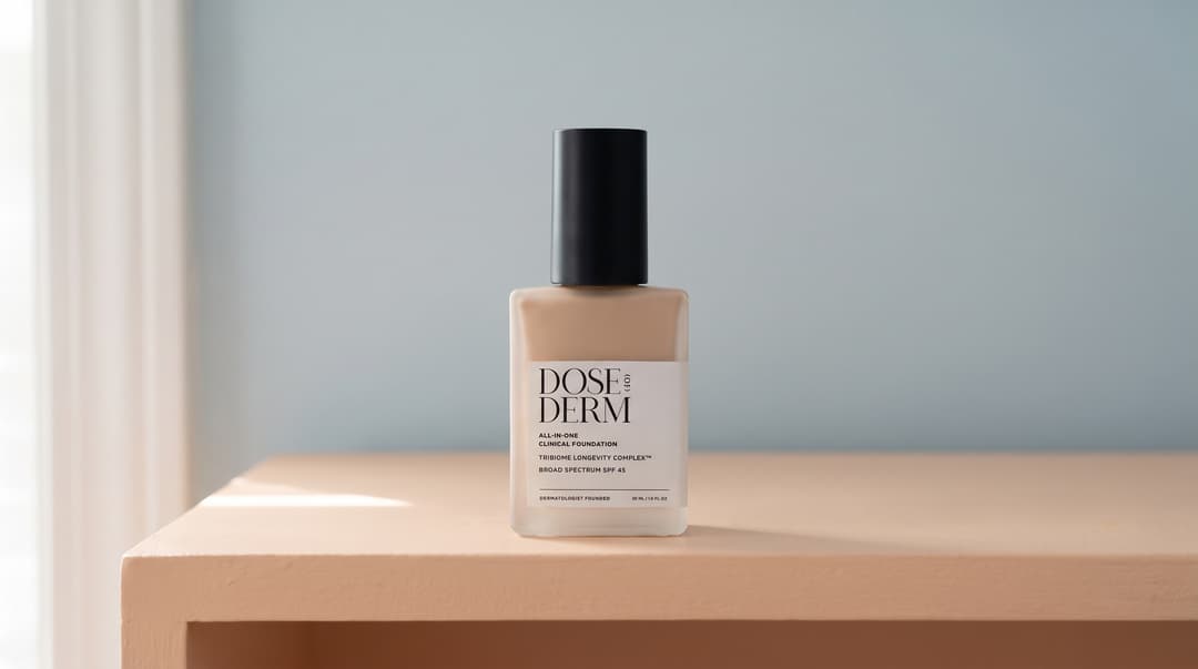 Dose of Derm All-in-One Clinical Foundation, 30 mL. AI editorial illustration based on the official product photograph.
