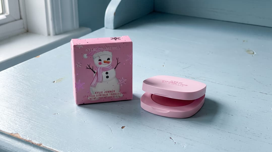 Kylie Winter Kissed balm and carton. AI packaging illustration; consult the brand’s swatches for shade matching.