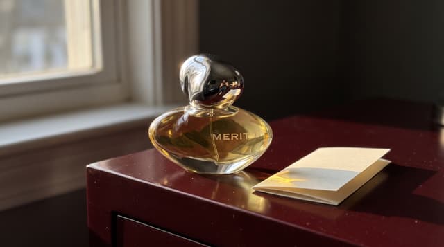 MERIT New Wave in its sculptural glass bottle. AI editorial illustration based on official packaging.