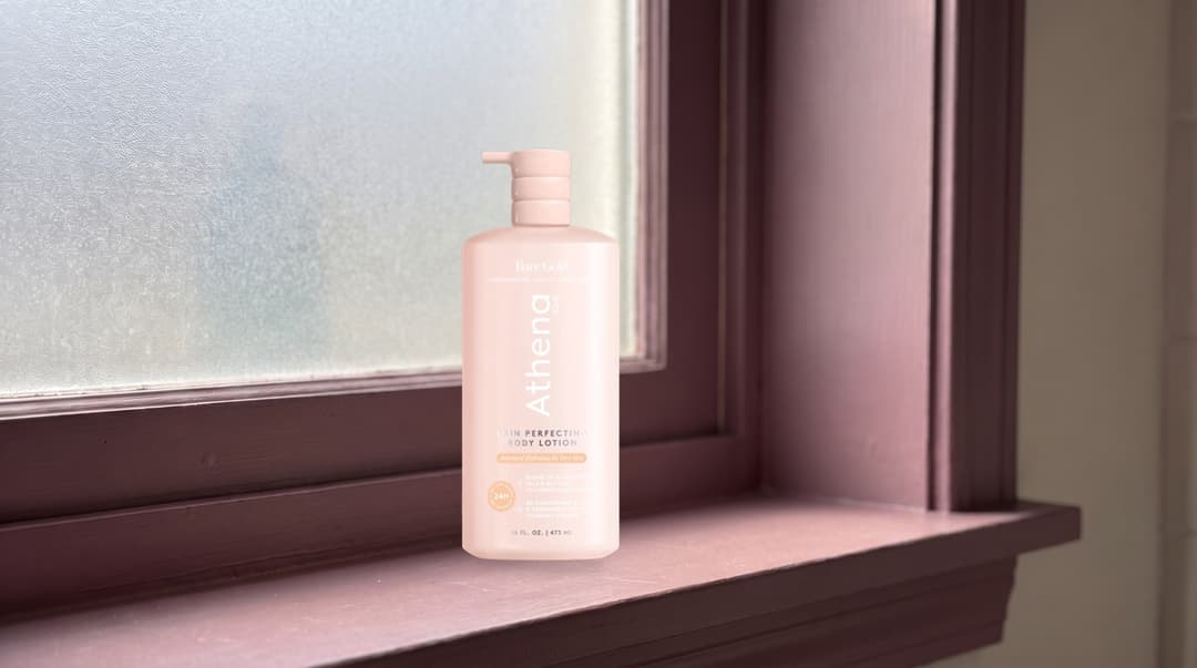Athena Club Bare Gold Skin Perfecting Body Lotion, 473 mL. Editorial illustration.