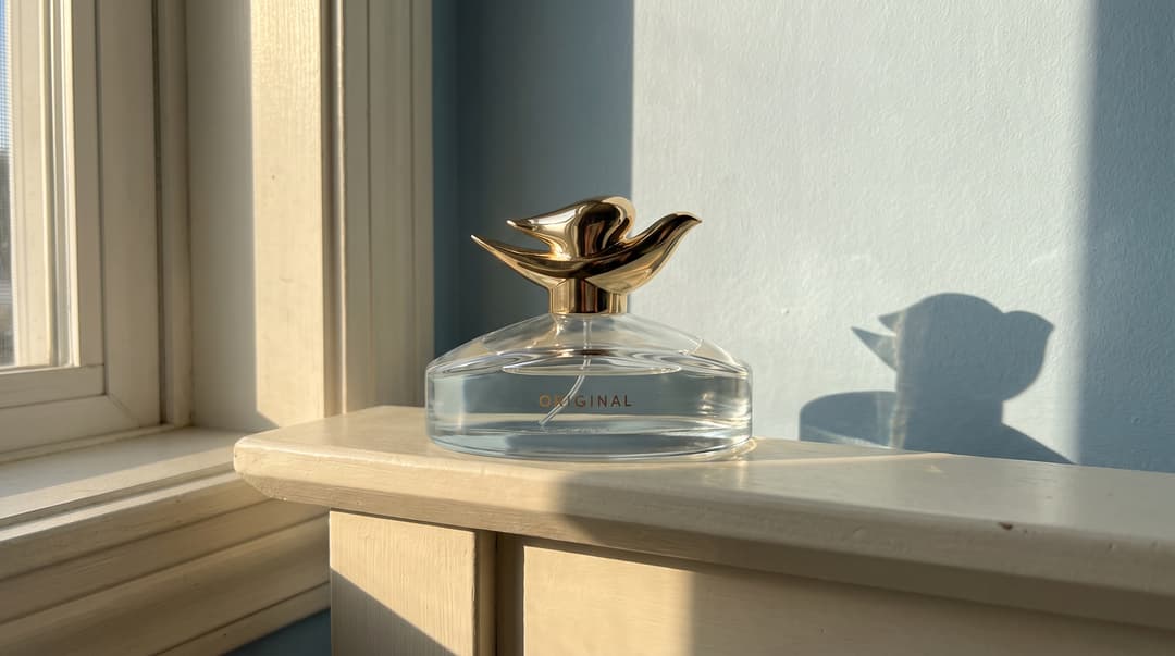 Dove Original Fragrance, 50 mL, with its gold bird cap. Editorial illustration.