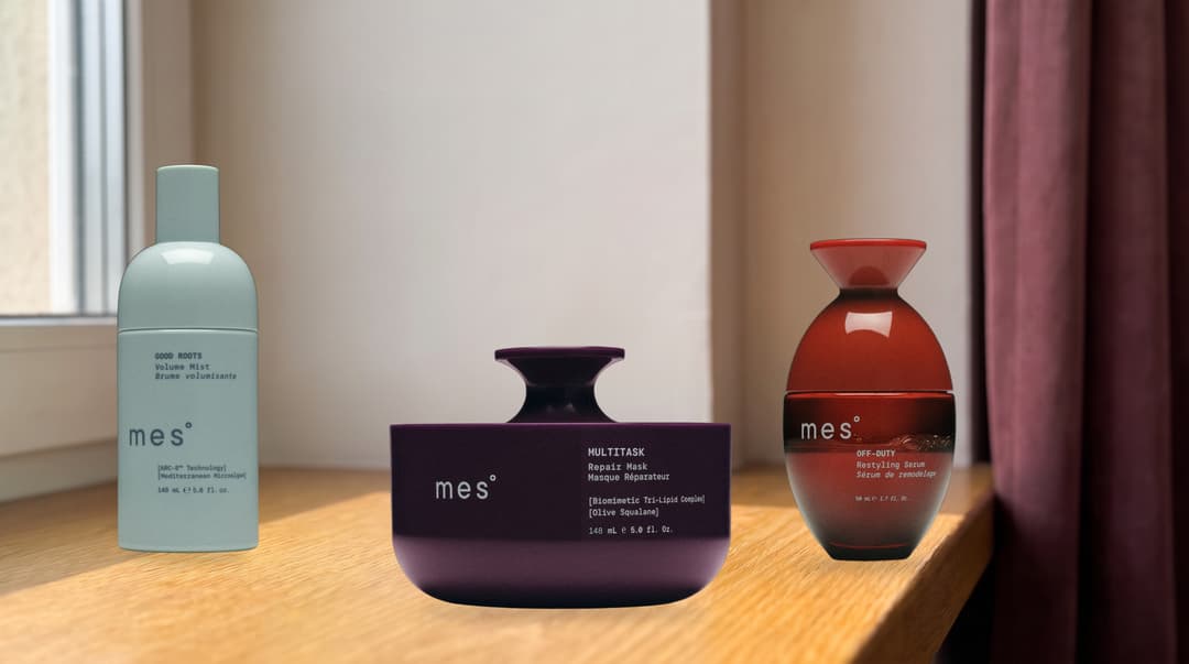 mes° Good Roots Volume Mist, Multitask Repair Mask and Off-Duty Restyling Serum. Editorial illustration.