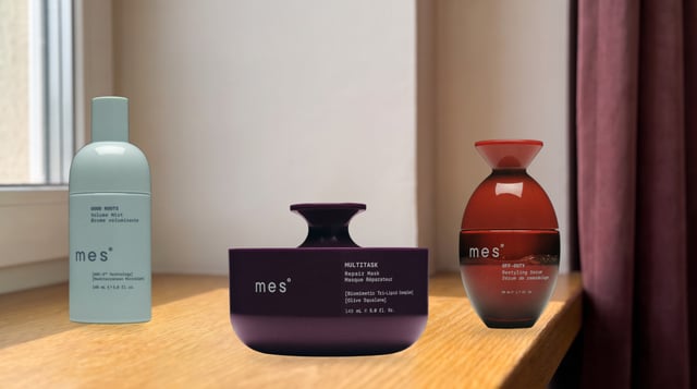 mes° Good Roots Volume Mist, Multitask Repair Mask and Off-Duty Restyling Serum. Editorial illustration.