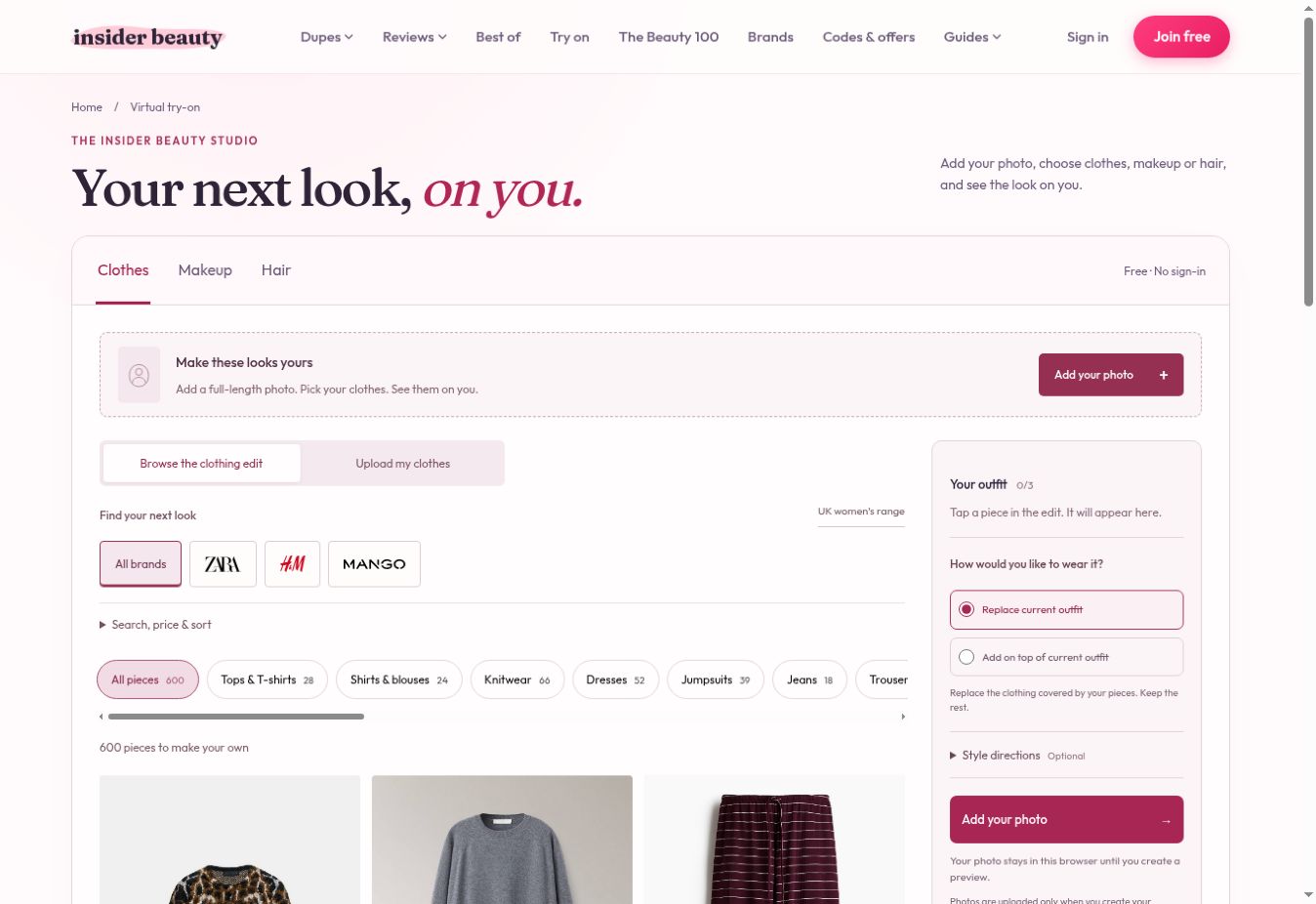 Step 1: open the free Try On studio and select Add your photo. You can browse the clothing edit before choosing a picture.