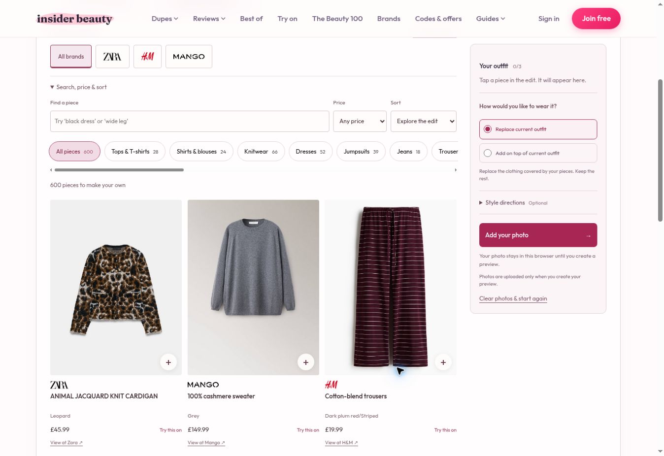 Step 2: the live clothing feed shows Zara, H&M and Mango pieces, with search, price and sort controls above the product cards.