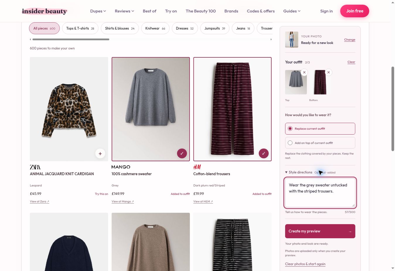 Steps 3 and 4: the selected Mango sweater and H&M trousers appear in Your outfit. Choose how to wear them, add optional style directions and select Create my preview. The photo uses an AI-generated demo model.