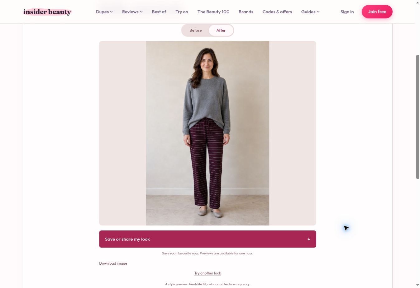 Step 5: a completed clothing preview in the live studio, using an AI-generated demo model. Compare Before and After, then save or download the look.