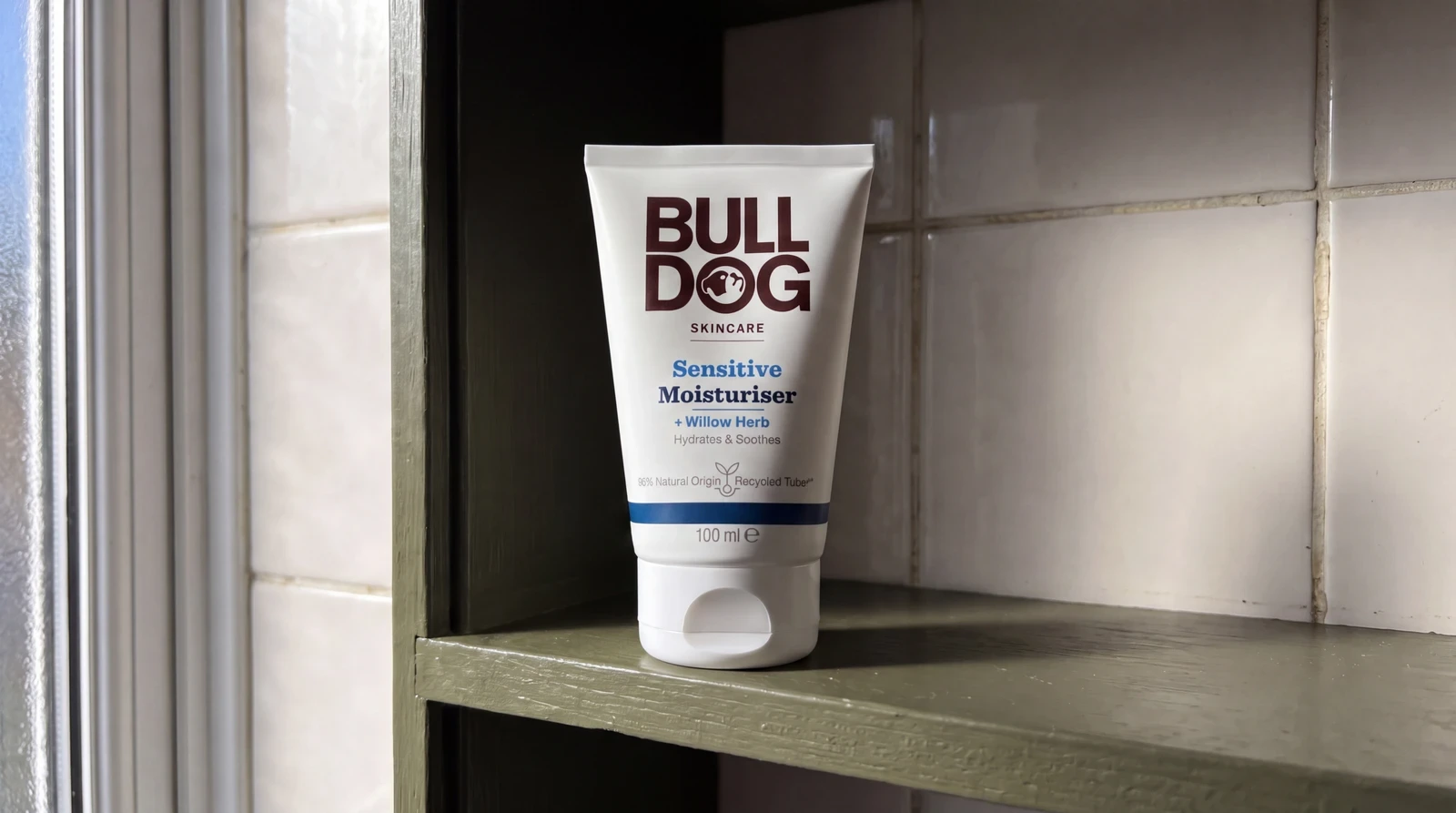 Bulldog Sensitive Moisturiser on a bathroom shelf