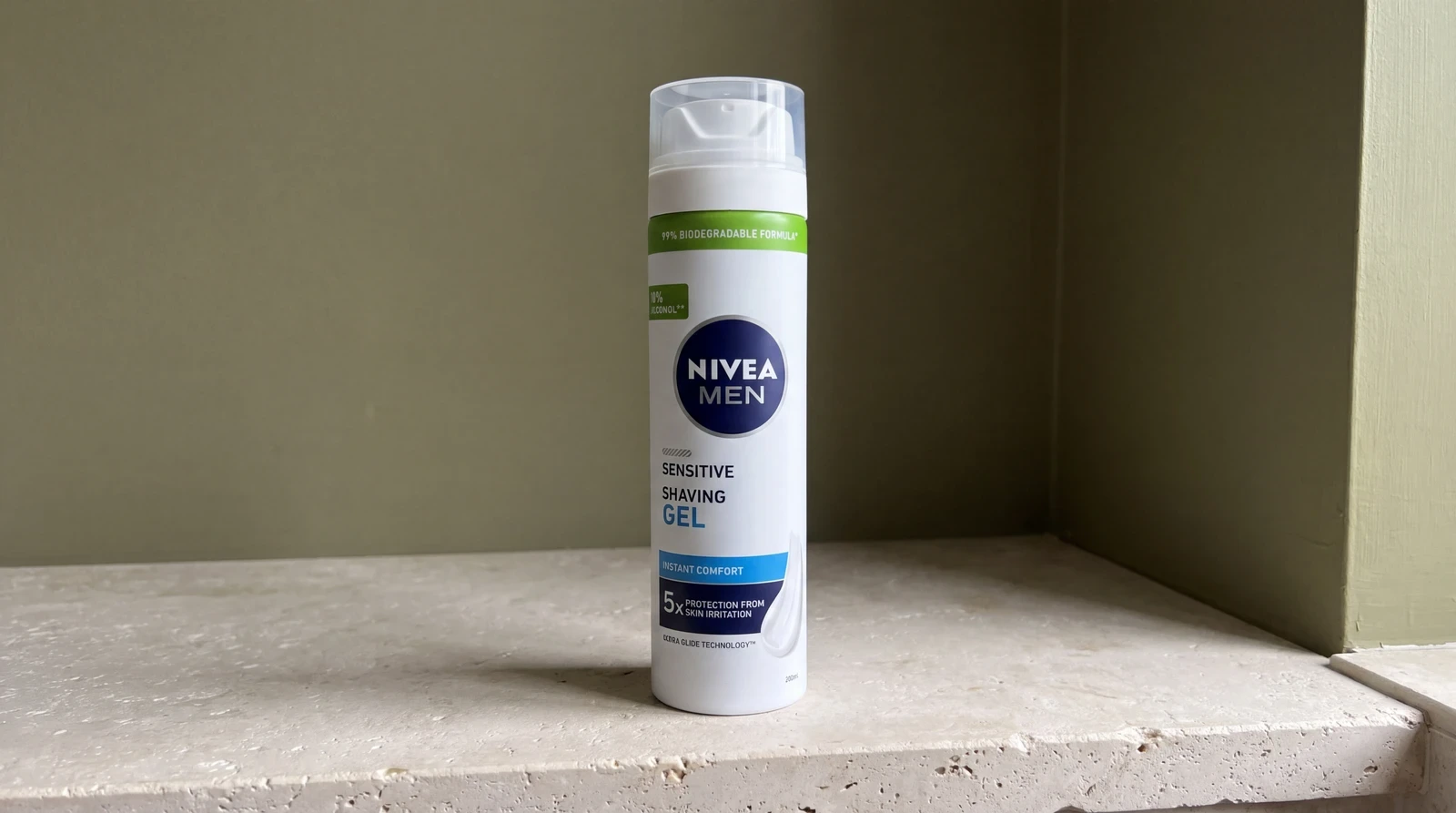 Nivea Sensitive Shaving Gel on a bathroom ledge